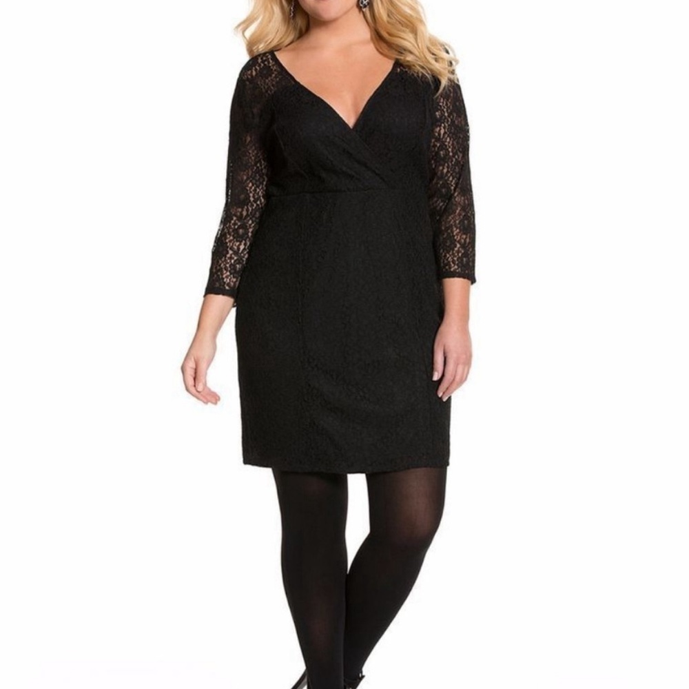 Lane Bryant Black Lace Faux Wrap Cocktail Dress Plus Size V-Neck 3/4 Sleeve LBD